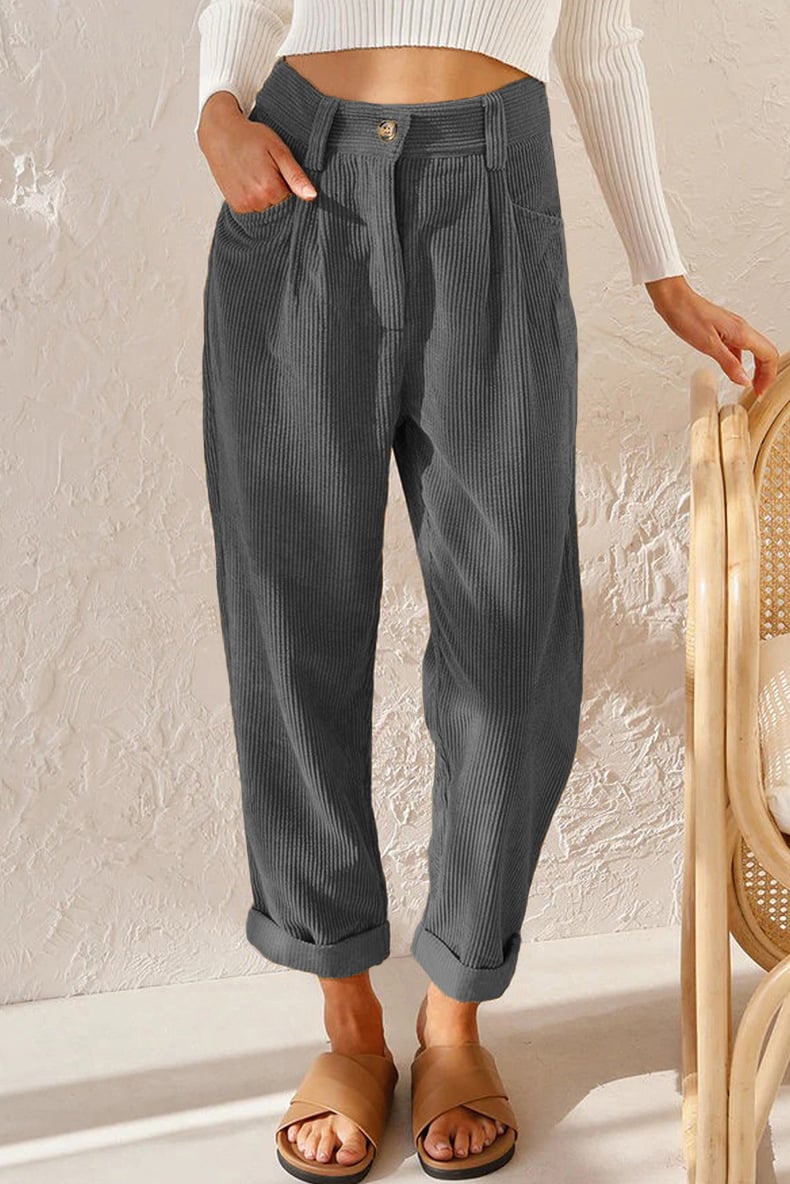Mid Rise Button Zipper Side Pocket Corduroy Casual Pants