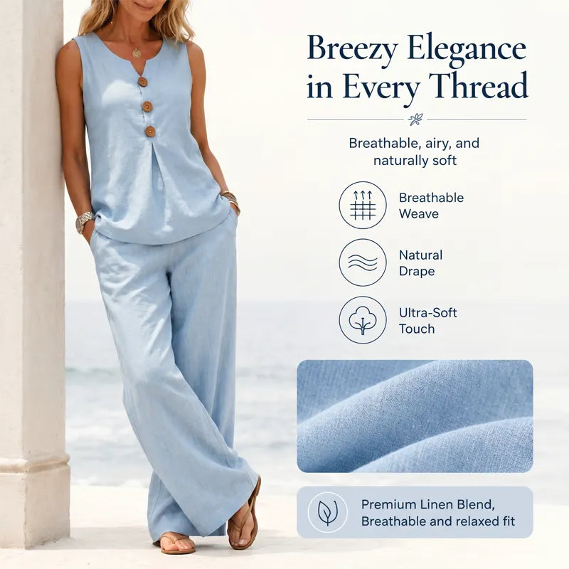 🏆 Best-Seller- Women's 2-Piece Set: V-Neck Button-Front Sleeveless Top & Trousers