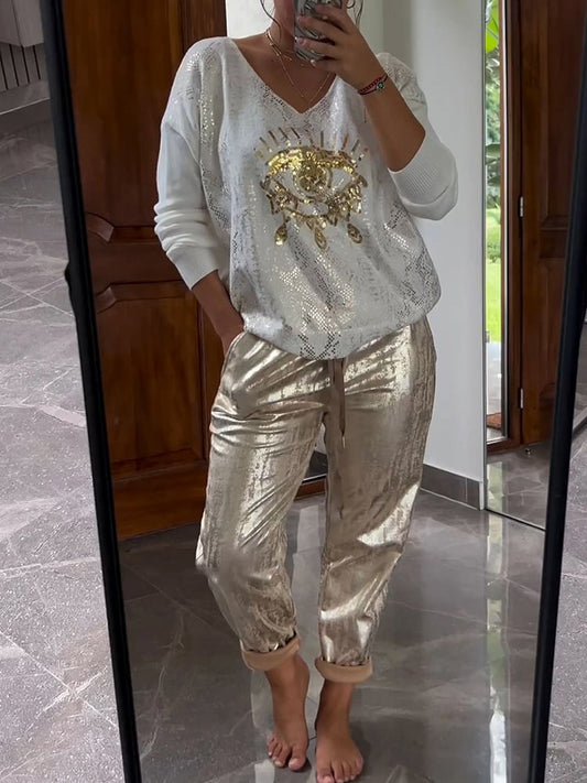 Evil Eye Gold Foil Top and Glittering Pants Set