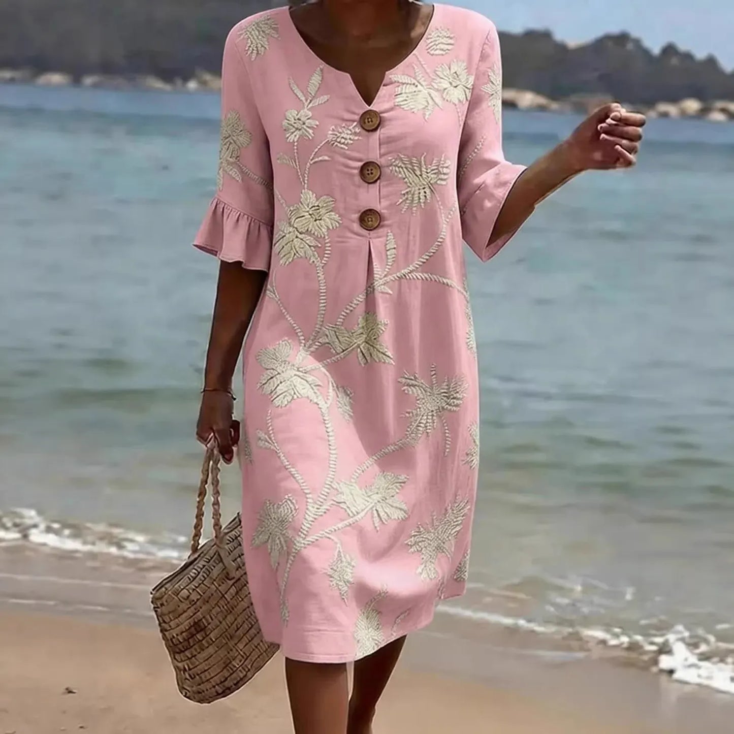 💃Women's Printed V-Neck Button-Up Midi Dress - A Perfect Vacation Outfit