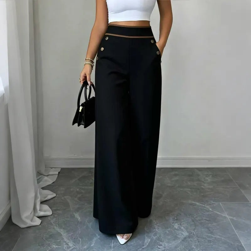 👖High-Waisted Wide-Leg Casual Pants with Contrast-Color Buttons and Pockets