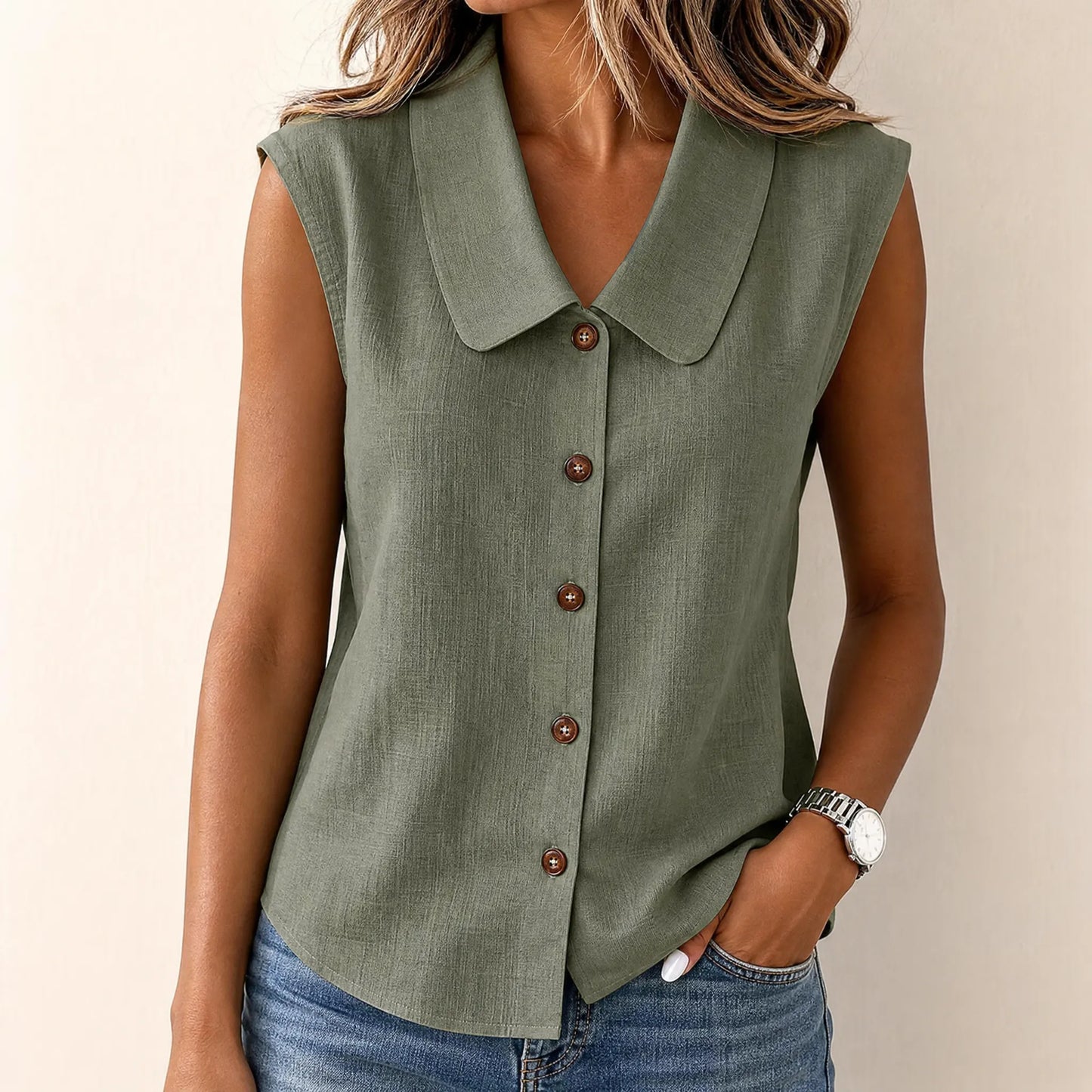 Women's Sleeveless Collared Button-Down Top