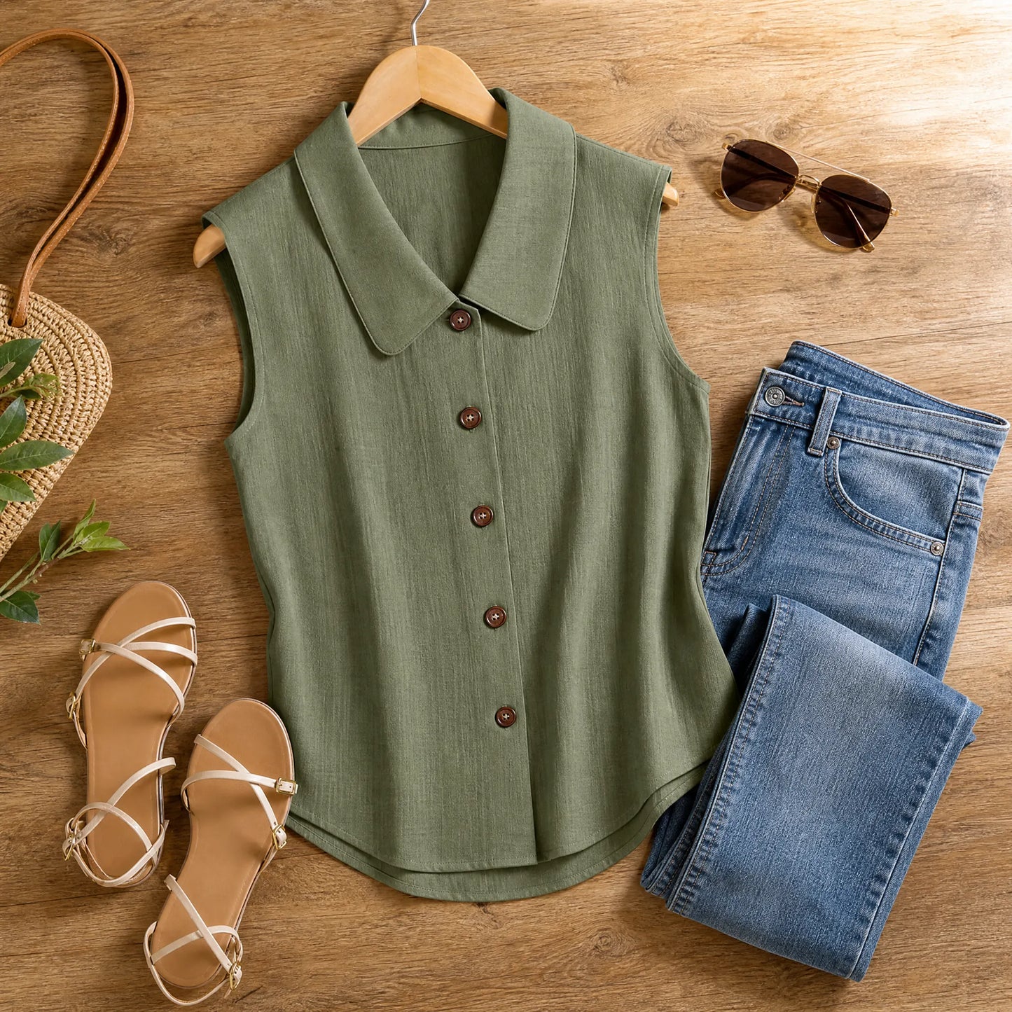 Women's Sleeveless Collared Button-Down Top