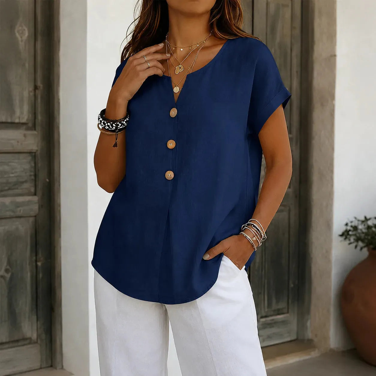 🌝Summer New Arrivals:Women's Loose V-Neck Shirt with Faux-Wood Buttons