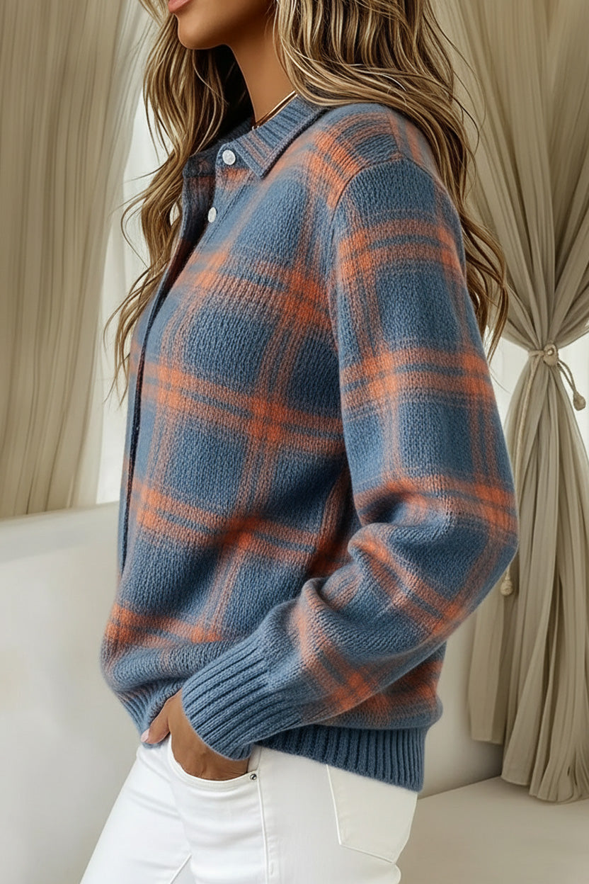 Women's Plaid Print Casual Cotton Buttoned Cardigan Sweater