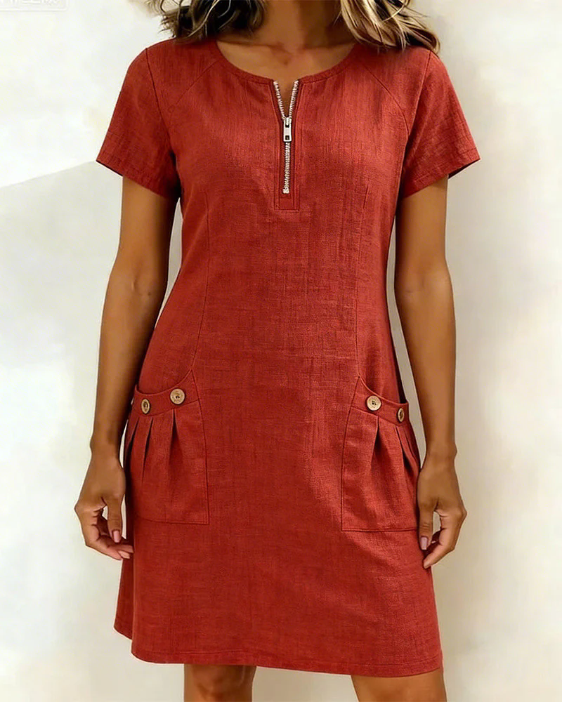 💃50% off🏝️Women's Summer Cotton-Linen Dress with Zipper Pockets