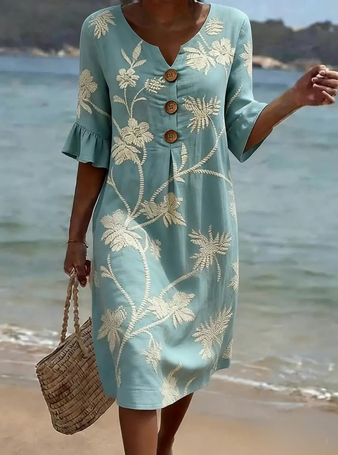 💃Women's Printed V-Neck Button-Up Midi Dress - A Perfect Vacation Outfit