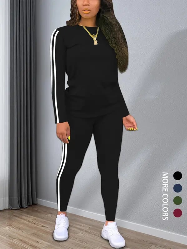 Women's Striped Print Long Sleeve Top & Pants Two-Piece Set