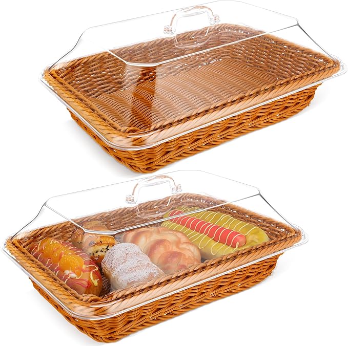🍞 Large Handwoven Rattan-Style Bread Basket with Clear Acrylic Lid