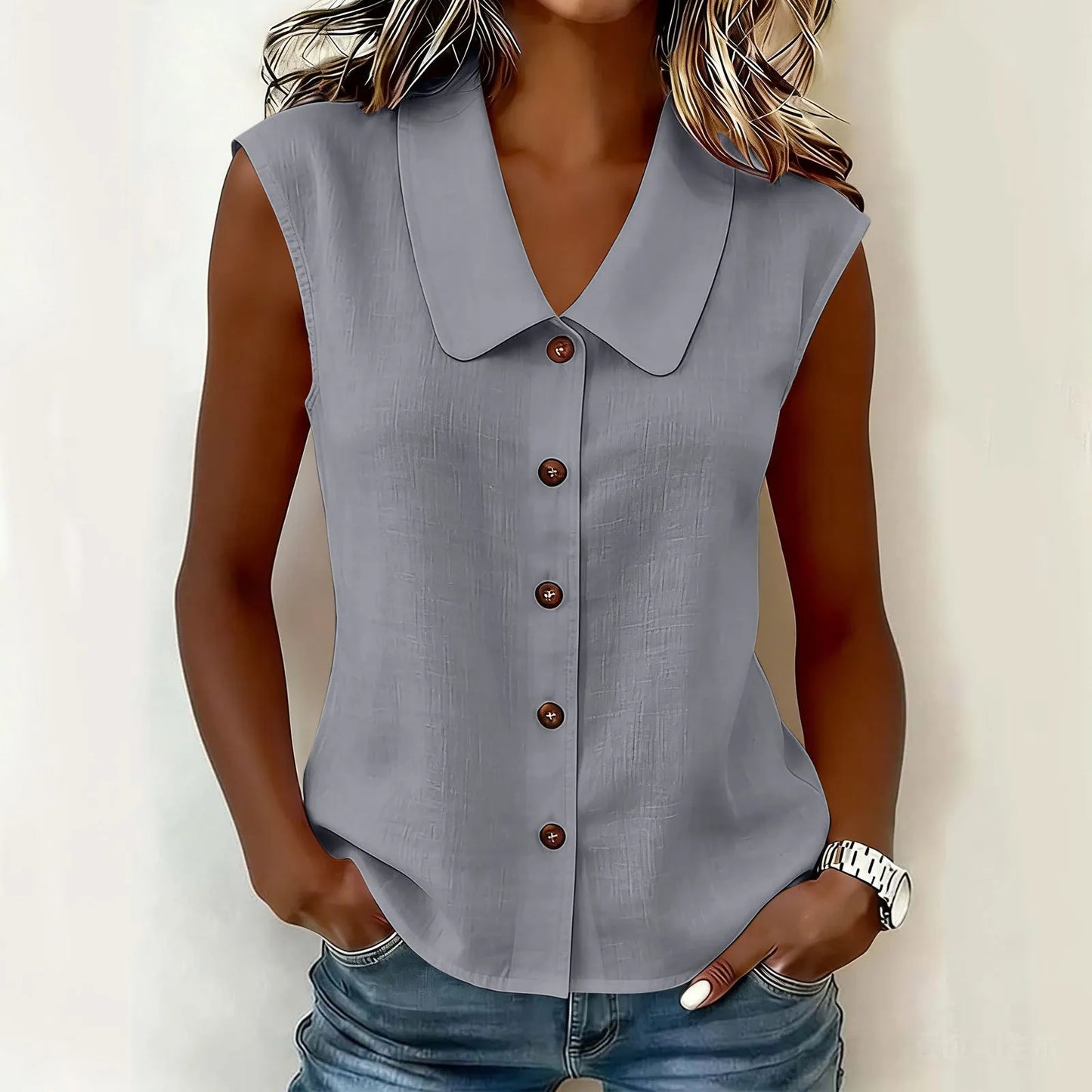 Women's Sleeveless Collared Button-Down Top
