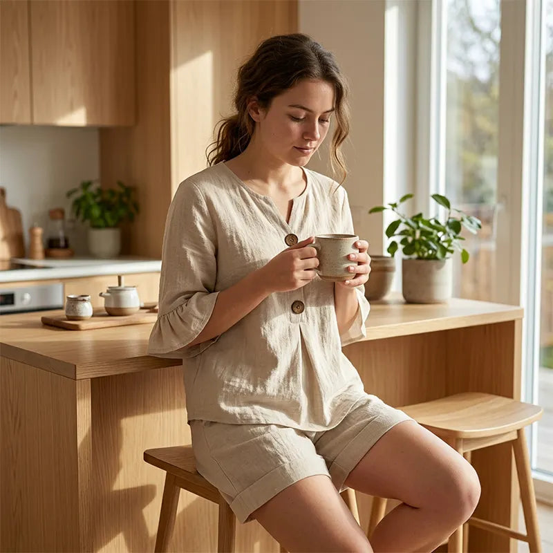 New Arrival: Women's Casual Two-Piece Set with Linen-Look Fabric and Ruffle Sleeves