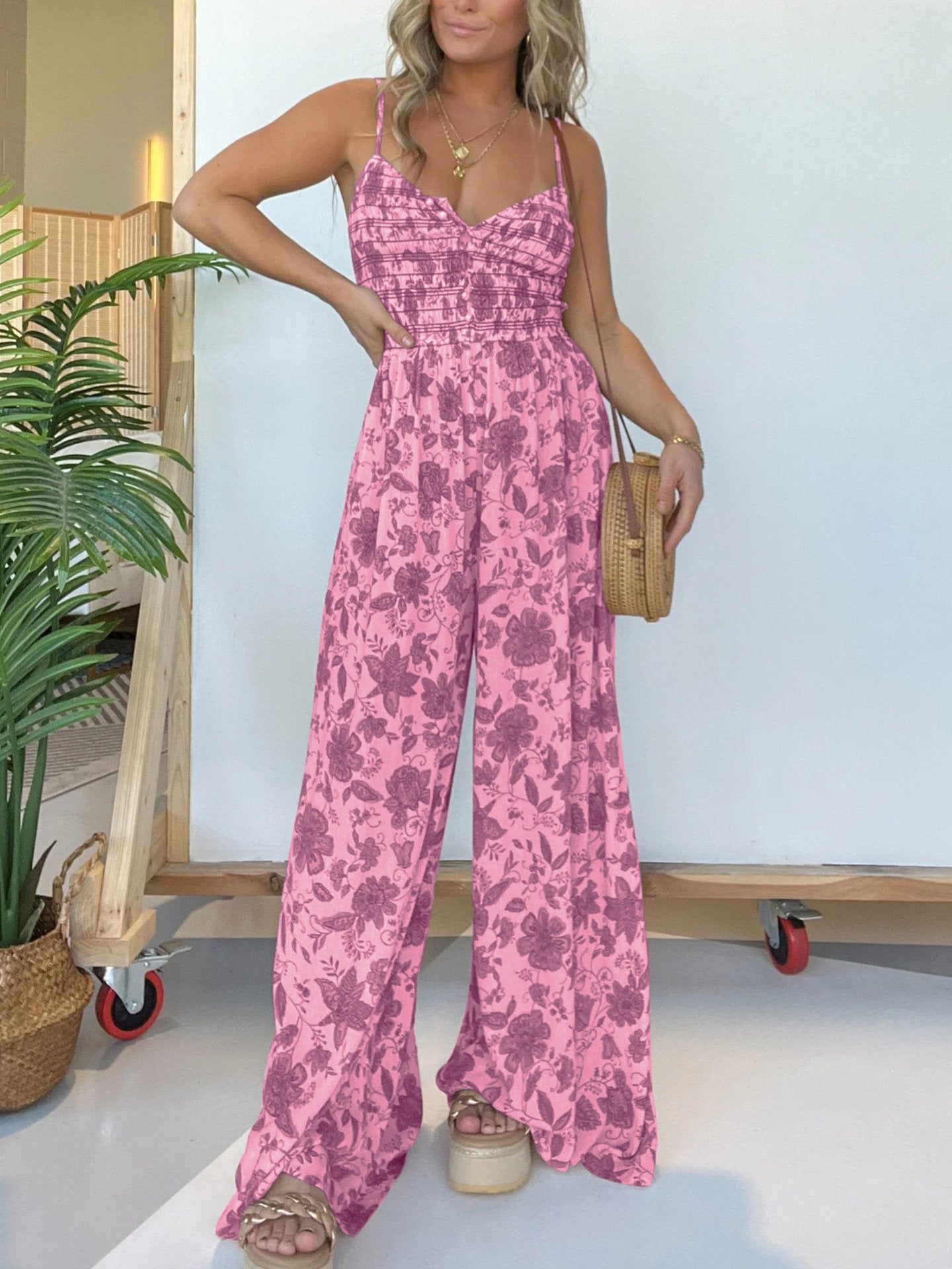 Floral Suspender Wide-Leg Jumpsuit (Buy 2 Free Shipping)