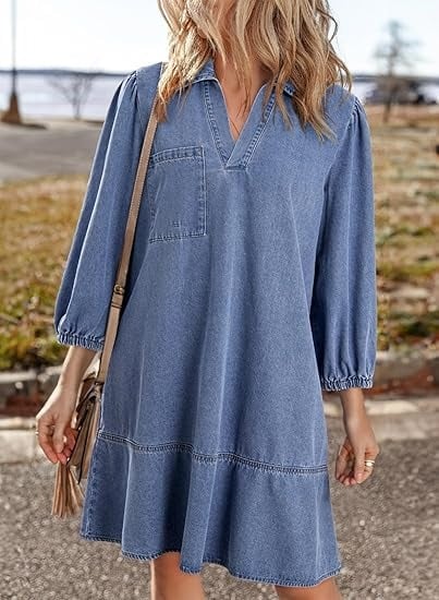 V-Neck Denim Dress-Where Comfort Meets Classic Style