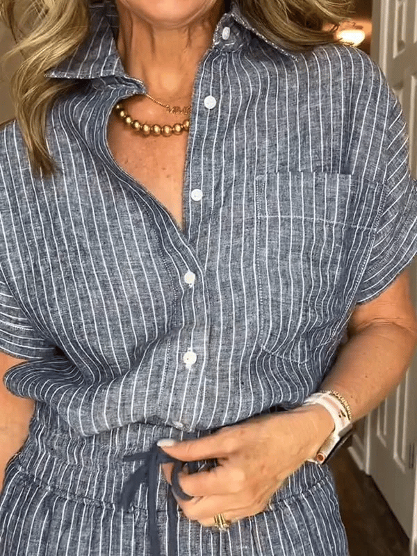 NEW💥 Classic striped linen cotton shirt set with pockets