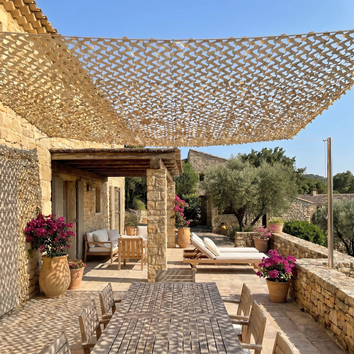 Reinforced sand-colored camouflage net for terraces and pergolas – Mediterranean style