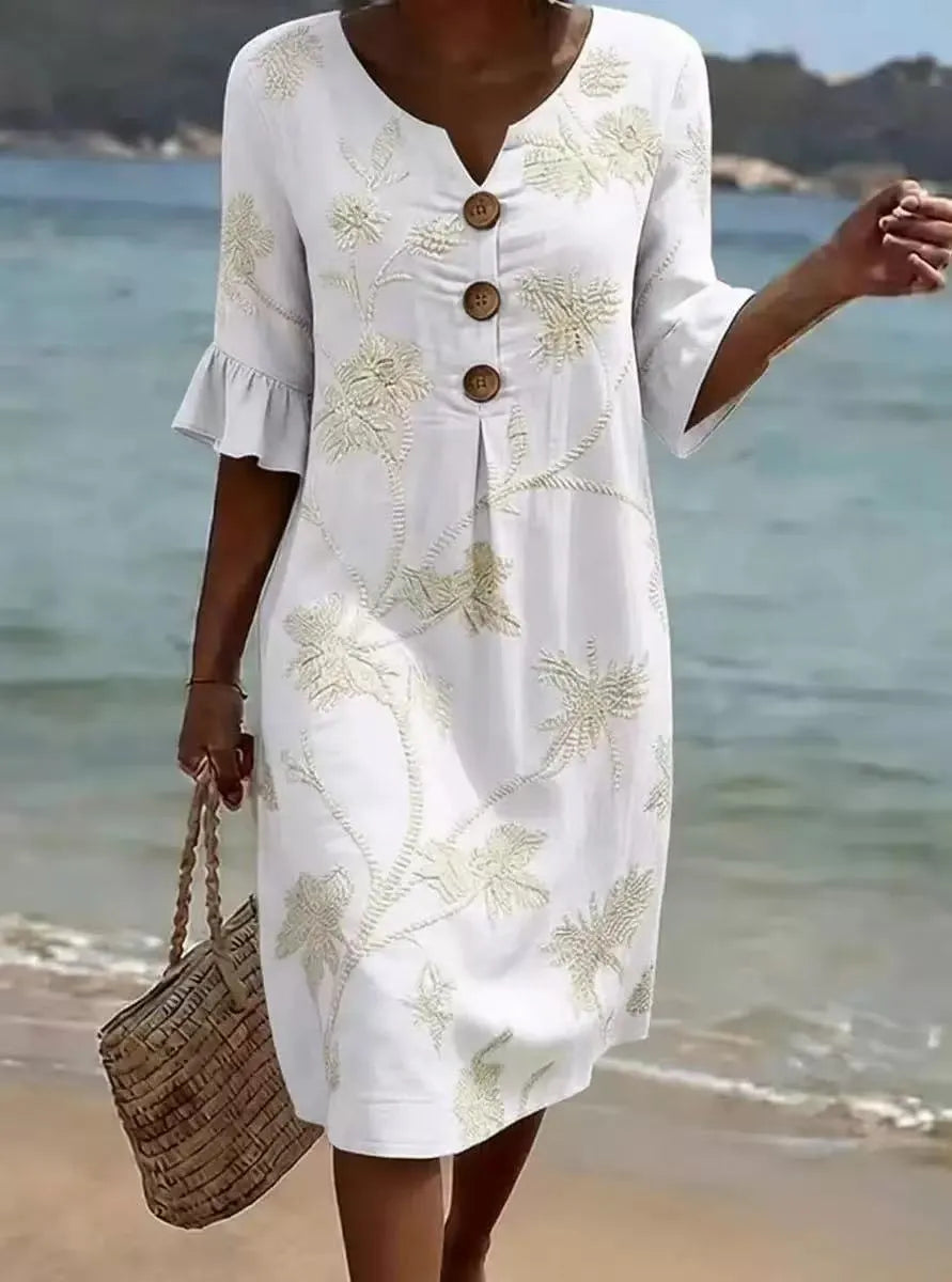💃Women's Printed V-Neck Button-Up Midi Dress - A Perfect Vacation Outfit