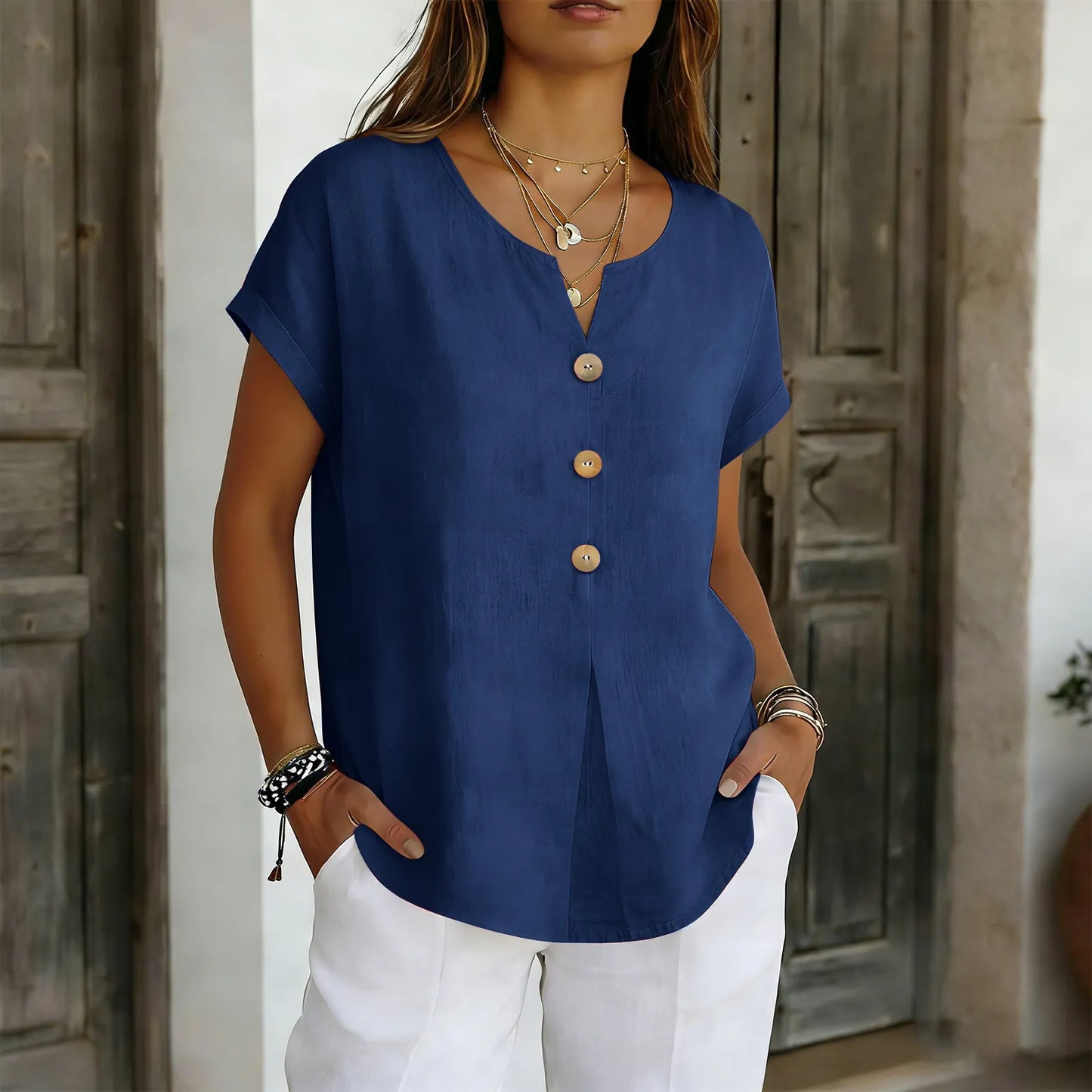 🌝Summer New Arrivals:Women's Loose V-Neck Shirt with Faux-Wood Buttons