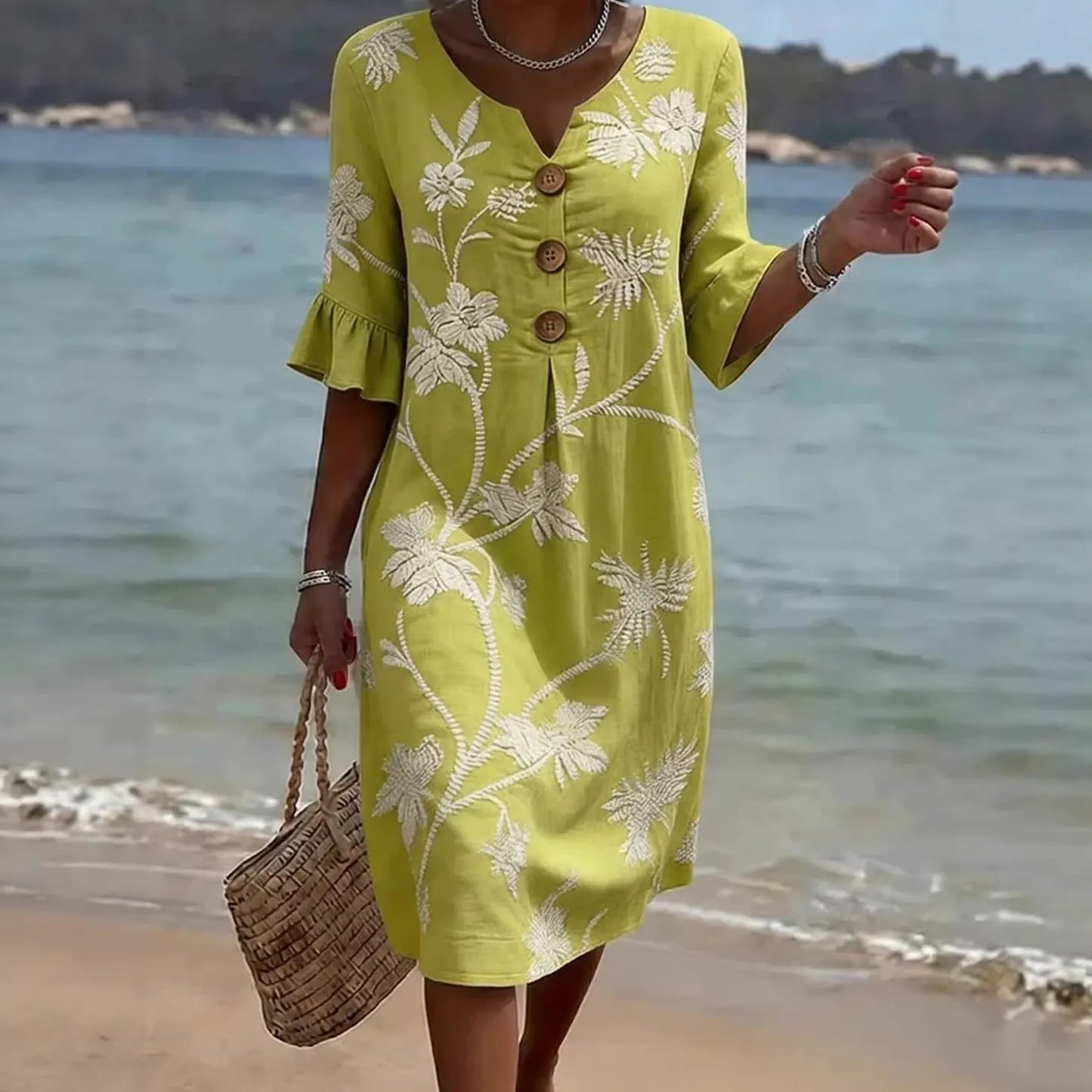 💃Women's Printed V-Neck Button-Up Midi Dress - A Perfect Vacation Outfit