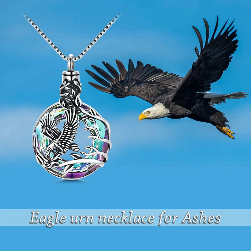 Cremation Jewelry Sterling Silver Eagle Urn Necklace for Ashes with Blue Circle Crystal Memorial Keepsake w/Funnel Filler Memorial Jewelry