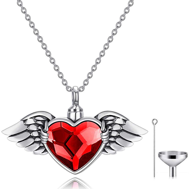 Angel Wing with Heart Urn Necklace for Ashes Sterling Silver Crystal Heart Cremation Memorial Keepsake Pendant