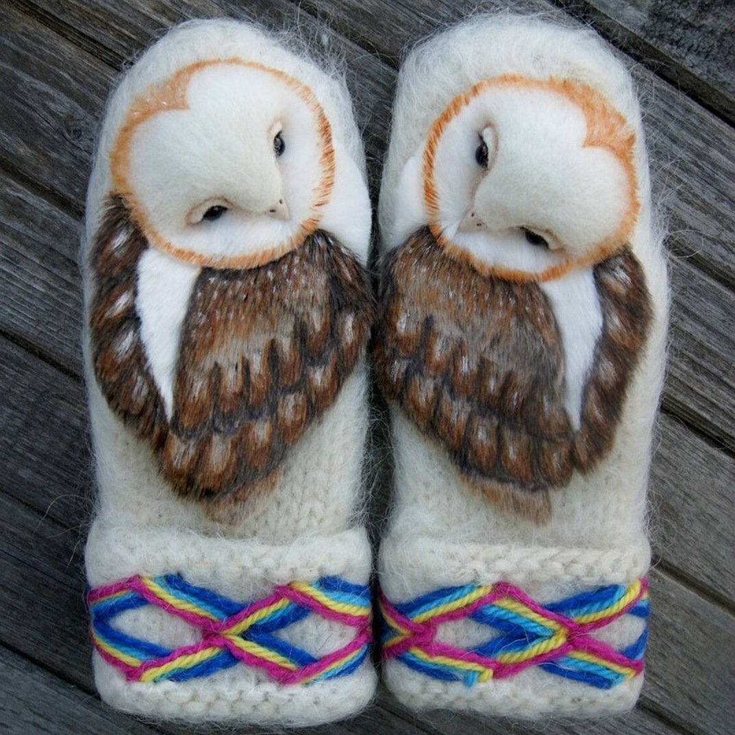 Hand Knitted Wool Nordic Mittens with Owls (Buy 2 Free Shipping)