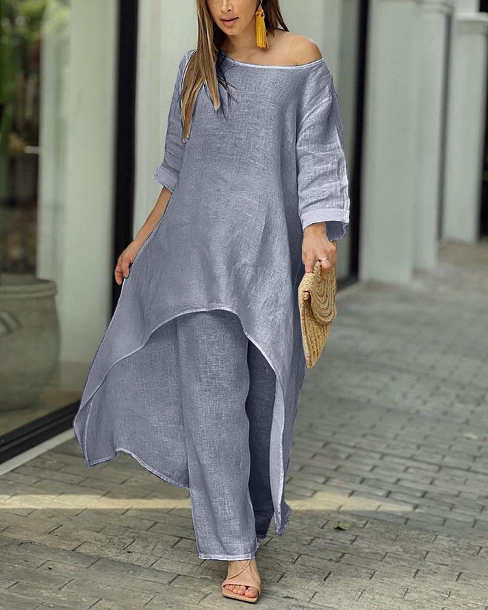 Women'S Casual Round Neck Solid Color Long Cotton And Linen Two-Piece Suit