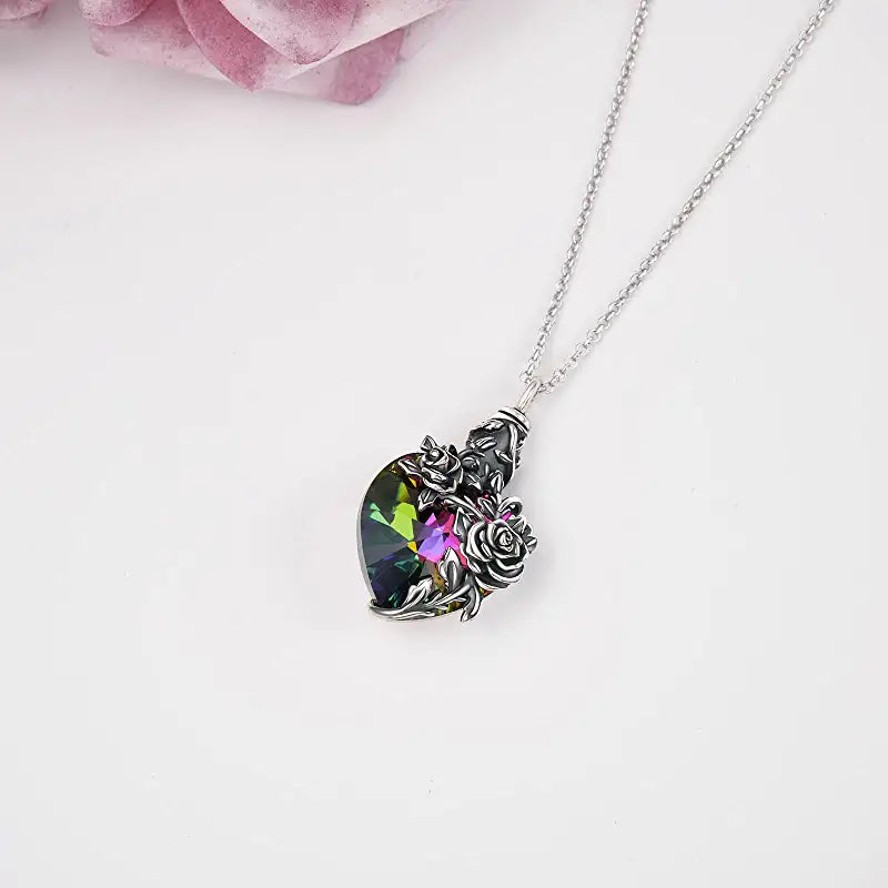 Sterling Silver Rose Flower Cremation Necklace For Ashes, Red/Blue Crystal Urn Necklace For Ashes For Women Memorial Jewelry