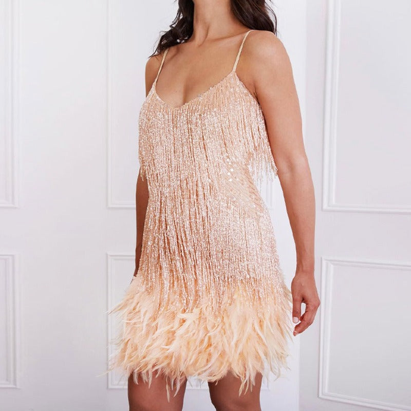 🔥BUY 1 FREE SHIPPING🔥 - Women's Feather Fringe Sequin Spaghetti Strap Dress