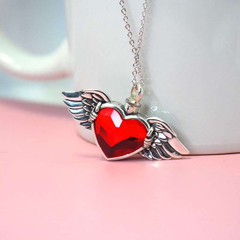 Angel Wing with Heart Urn Necklace for Ashes Sterling Silver Crystal Heart Cremation Memorial Keepsake Pendant