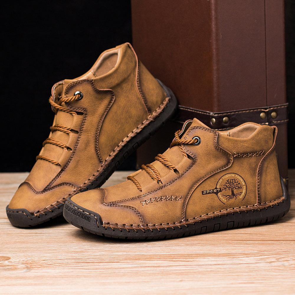 Men Vintage Microfiber Leather Hand Stitching Soft Ankle Boots