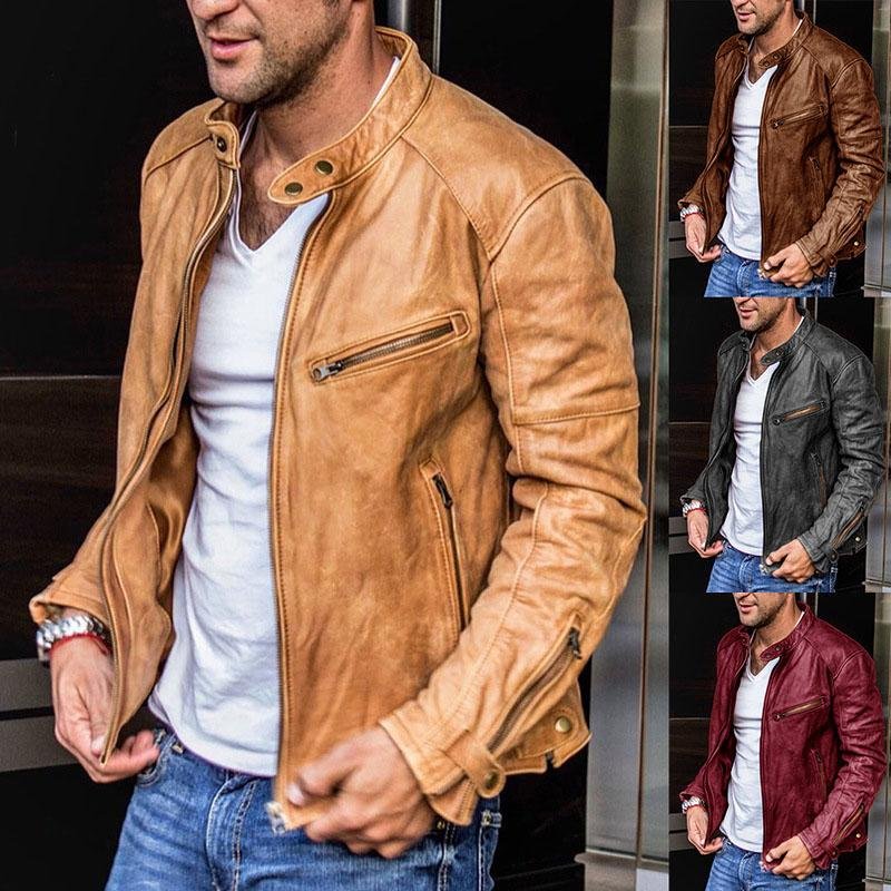 Stand-up collar Leather Jacket
