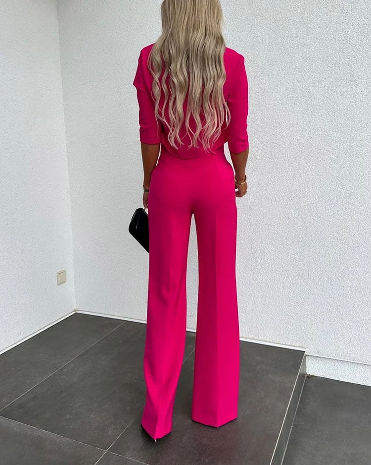 Solid Color Jacket & High Waist Straight Pants Set (Buy 2 Free shipping)