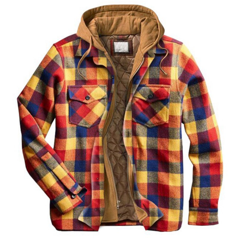 MEN'S CASUAL OUTDOOR THICK PLAID  FASHION WIND HOODED