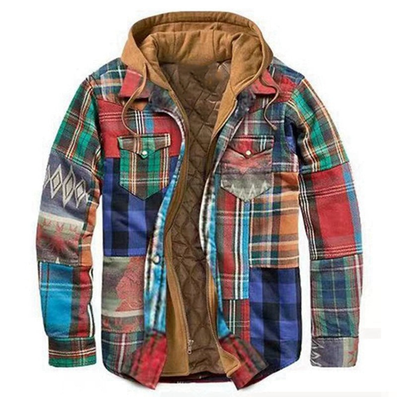 MEN'S CASUAL OUTDOOR THICK PLAID  FASHION WIND HOODED