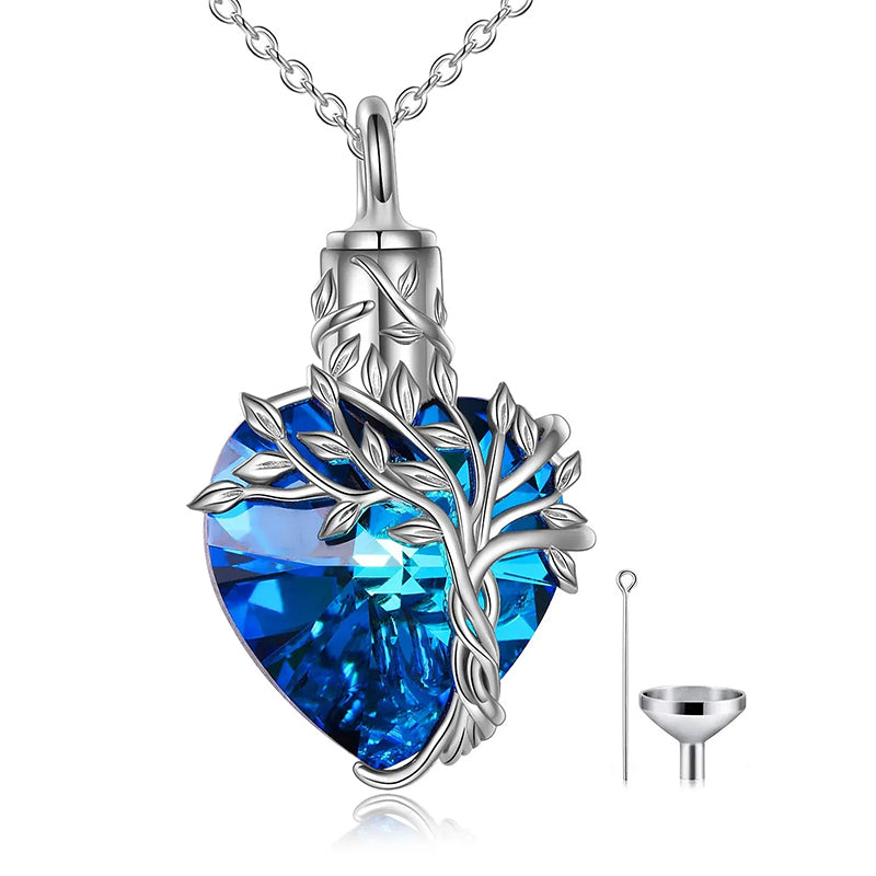 Heart Tree of Life Urn Necklace for Ashes Sterling Silver Cremation Jewelry with Crystal w/Funnel Filler