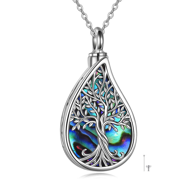 Tree of Life Urn Necklaces for Ashes Sterling Silver Abalone Shell Tree of Life Cremation Jewelry Memory Jewelry for Women Men