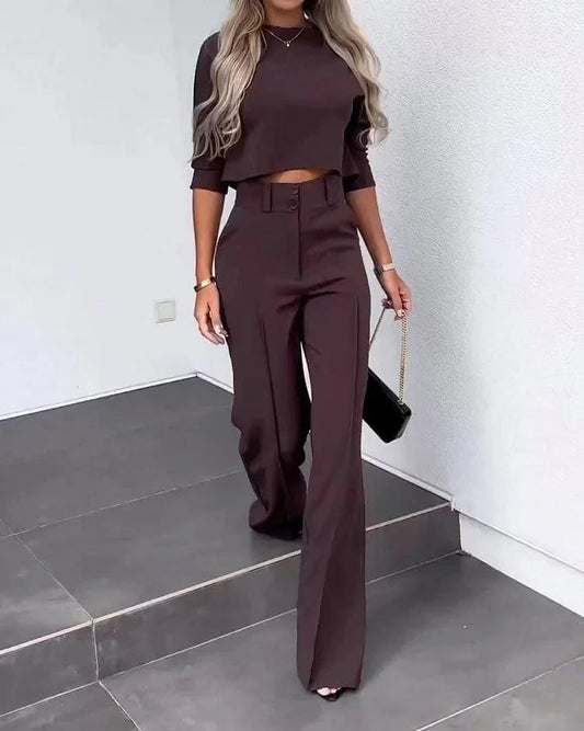 Solid Color Jacket & High Waist Straight Pants Set (Buy 2 Free shipping)