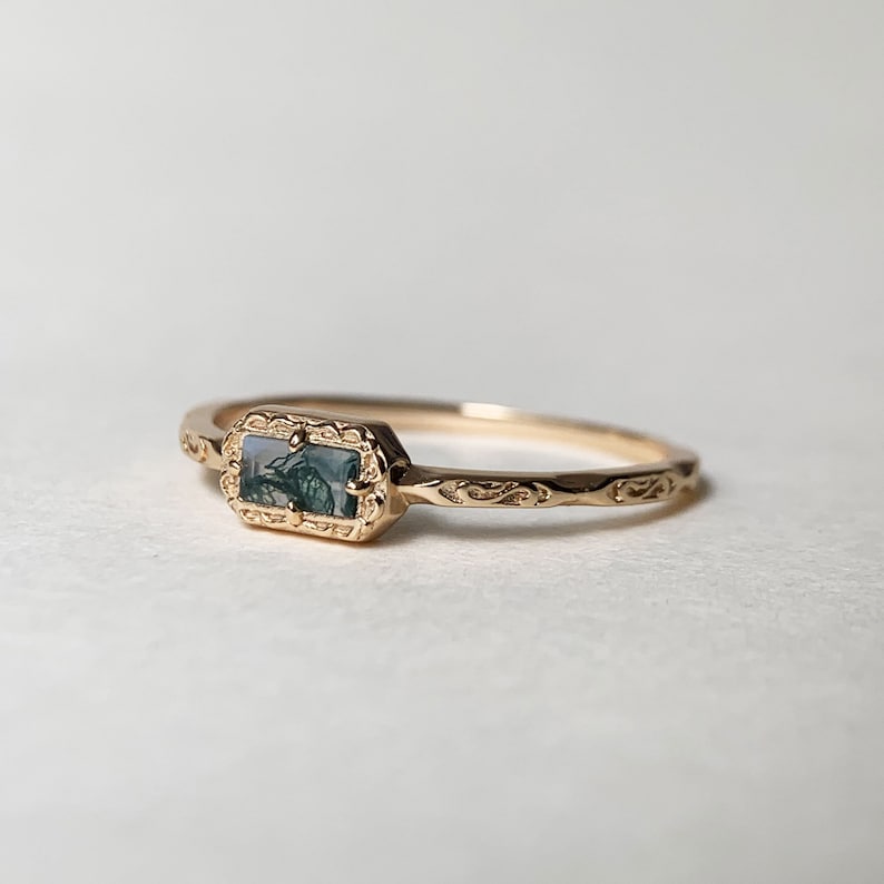 Natural Moss Agate /Blue Topaz /Opal Wedding Band Ring Sterling Silver Art Deco Unique Baguette Cut Green Agate Anniversary Rings