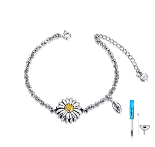 Sunflower Cremation Jewelry 925 Sterling Silver Urn Bracelet Ashes Keepsake Hair Memorial Link Chain Always in My Heart Locket for Women Mom