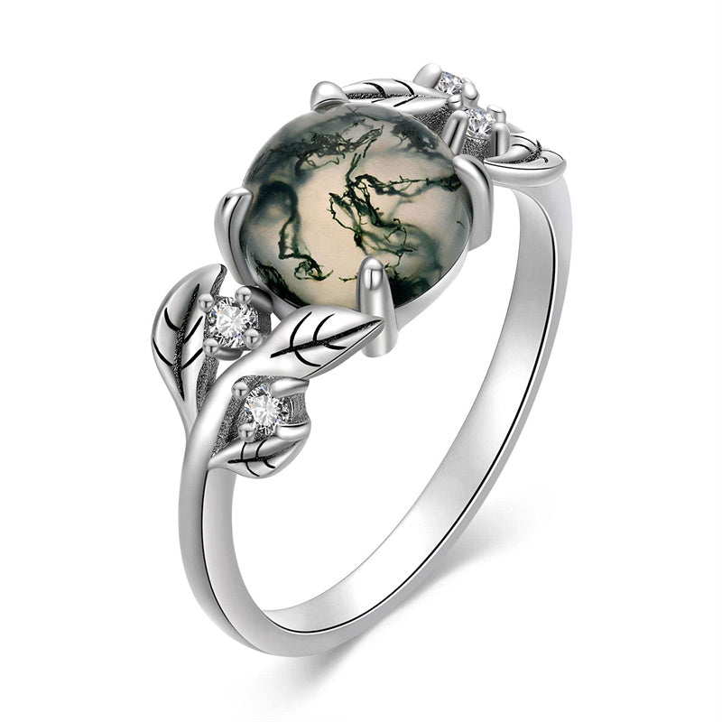 Leaf Moss Agate Ring For Women Girls Sterling Silver Round Cut 8 MM Solitaire Ring Healing Jewelry Gift