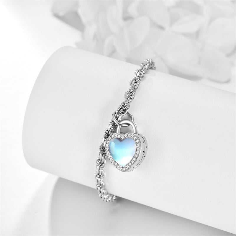 Lock Moonstone Urns Bracelet for Ashes Lock of Love Heart Clasp Charms Urn Ashes Bracelet 925 Sterling Silver Cremation Keepsake Bracelet Jewelry