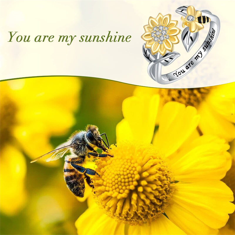 925 Sterling Silver Adjustable Fidget Anxiety Bumble Bee with Sunflower Jewelry Ring , Dainty You Are My Sunshine Flower Honeybee Spinning Rings for Girls