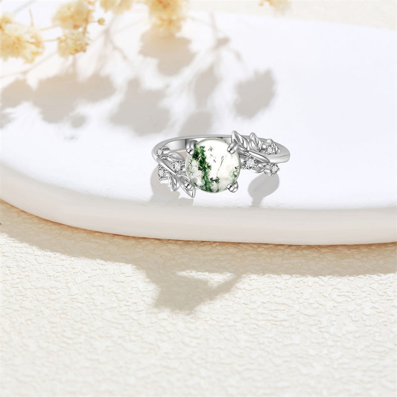 Natural Moss Agate Ring Sterling Silver Green Moss Agate Ring Promise Ring Engagement Wedding Jewelry Gift for Women