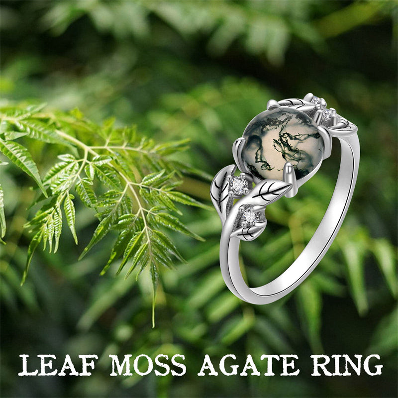 Leaf Moss Agate Ring For Women Girls Sterling Silver Round Cut 8 MM Solitaire Ring Healing Jewelry Gift