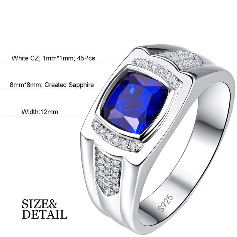 Men's Siver Ring 925 Sterling Silver Ring Created Blue Sapphire Pave CZ W/AAA Princess Cut Wedding Band For Men