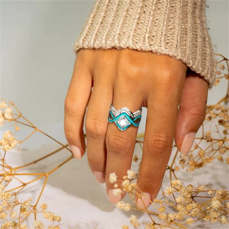 Turquoise Ocean Wave Ring 2 Pieces Set Sterling Silver Gemstone Ring Girls Fashion Jewelry Rings