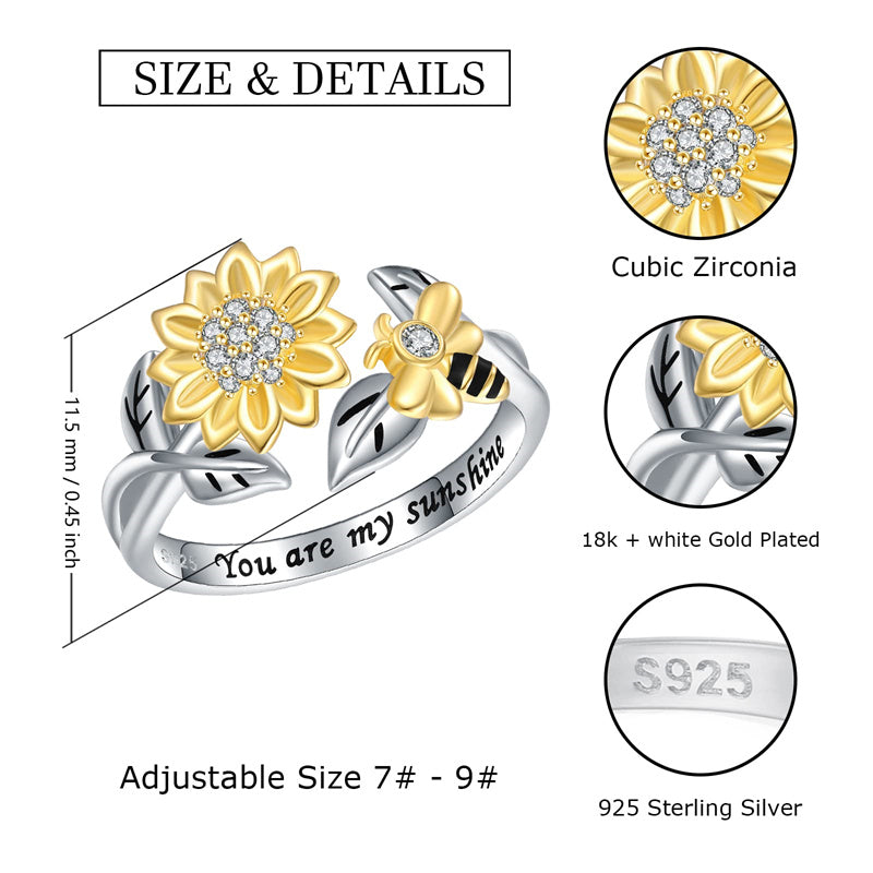 925 Sterling Silver Adjustable Fidget Anxiety Bumble Bee with Sunflower Jewelry Ring , Dainty You Are My Sunshine Flower Honeybee Spinning Rings for Girls