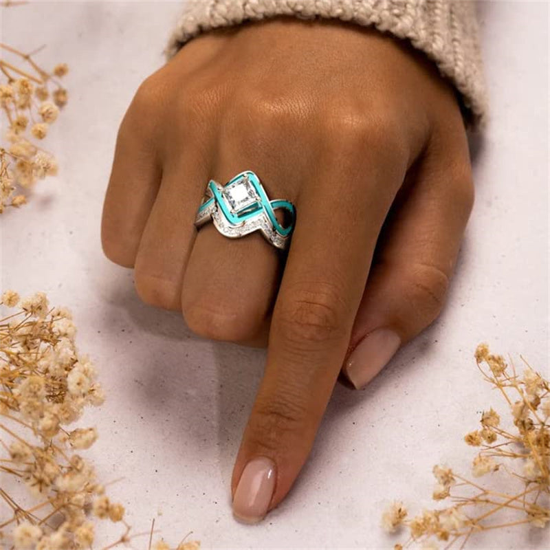 Turquoise Ocean Wave Ring 2 Pieces Set Sterling Silver Gemstone Ring Girls Fashion Jewelry Rings